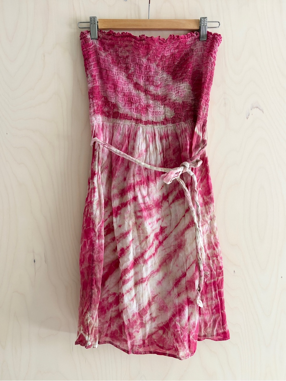 Strapless Pink Tie-Dye Smocked Summer Dress with Waist Tie